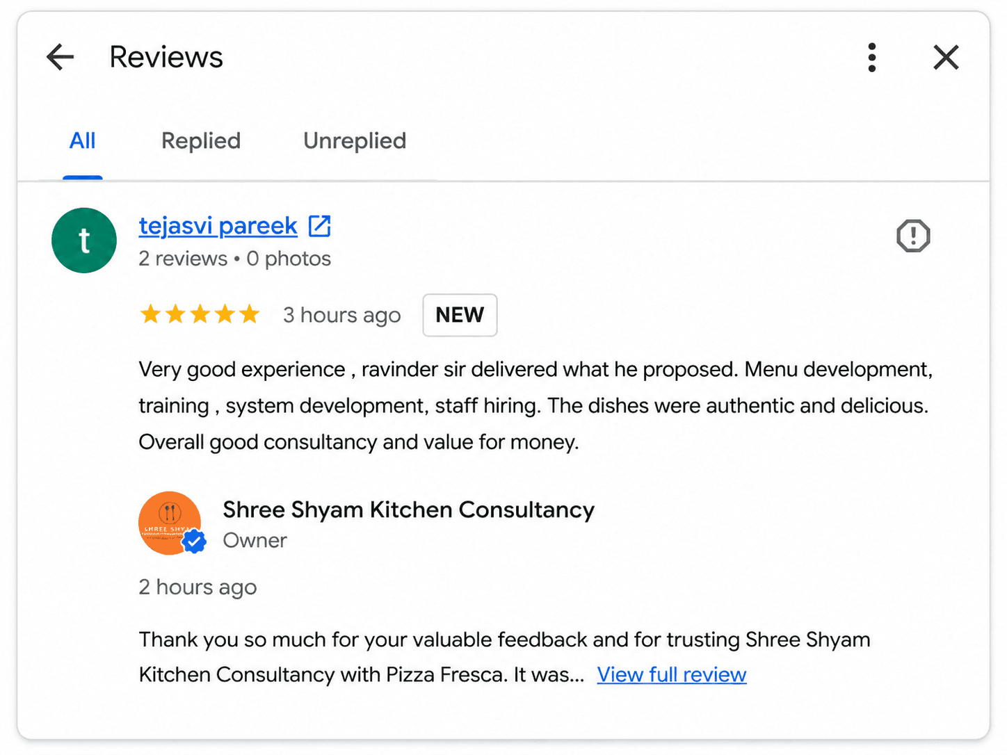 Original Google review screenshot from Pizza Fresca